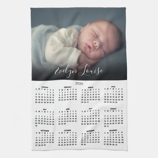 Paño De Cocina 2026 Calendar Elegant Script Name Photo  (Vertical)