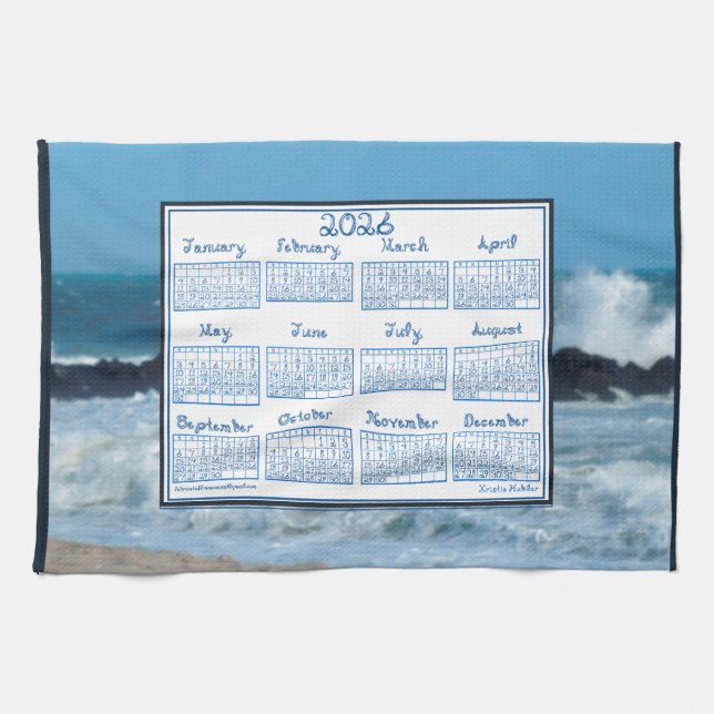 Paño De Cocina 2026 Calendar Ocean Waves Beach Rocks Fabric Font (Horizontal)