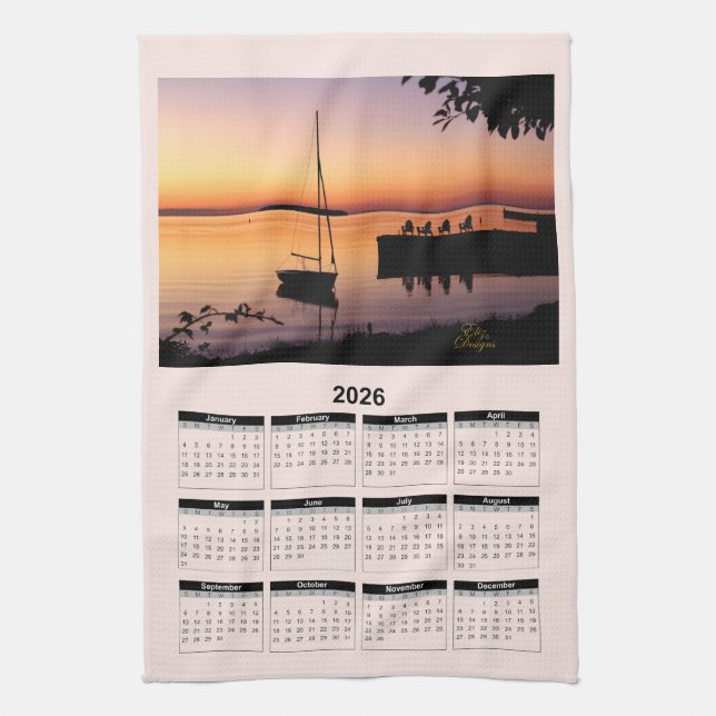 Paño De Cocina 2026 Calendar of a Sunset on Lake with Silhouette  (Vertical)