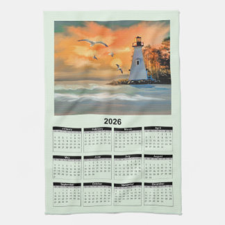 Paño De Cocina 2026 Calendar of a White Lighthouse in Sunset