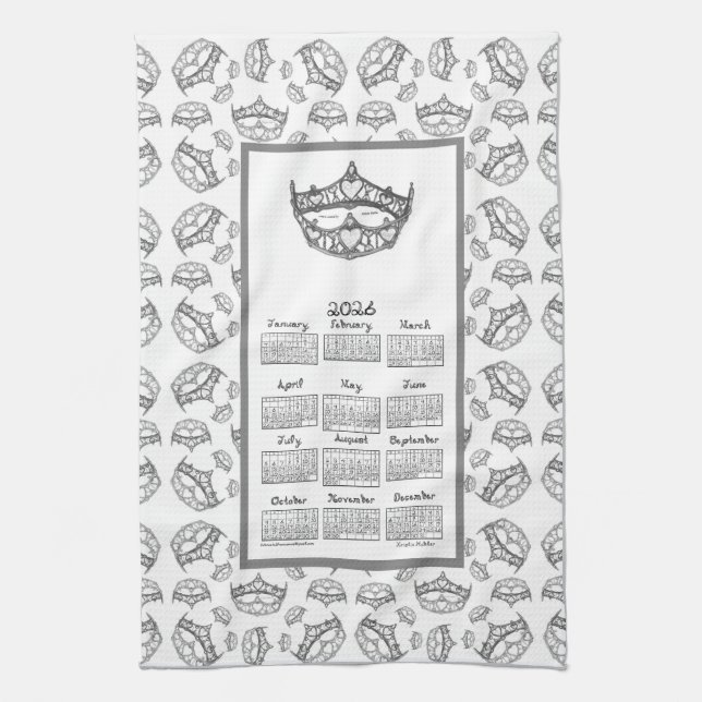 Paño De Cocina 2026 Calendar Queen of Hearts Silver Tiara Fabric  (Vertical)
