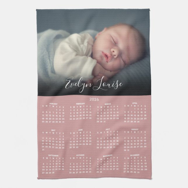 Paño De Cocina 2026 Calendar Script Name Photo Dusty Rose Pink (Vertical)