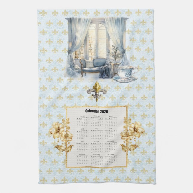 Paño De Cocina 2026 Calendar Towel Blue Fleur de Lis Parisian  (Vertical)