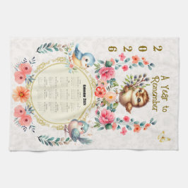 Paño De Cocina 2026 Calendar Towel Cute Folk Floral Birds 