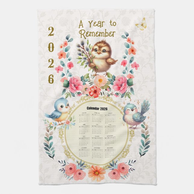 Paño De Cocina 2026 Calendar Towel Cute Folk Floral Birds  (Vertical)