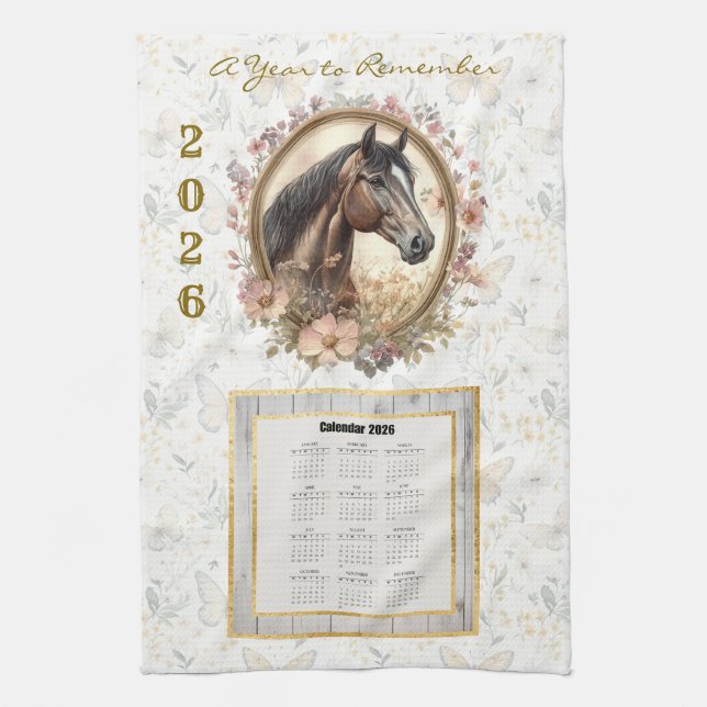 Paño De Cocina 2026 Calendar Towel  Floral Horse and Butterfly (Vertical)