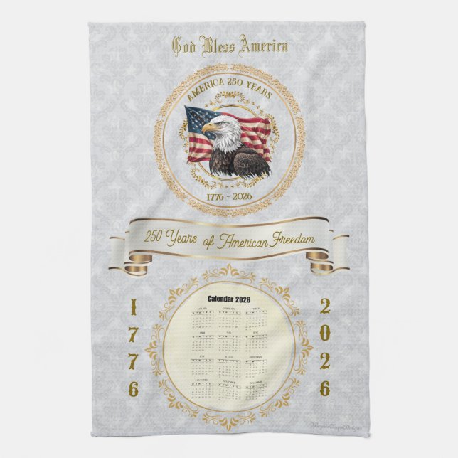 Paño De Cocina 2026 Calendar Towel God Bless America 250 Years (Vertical)