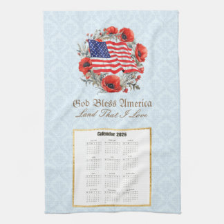 Paño De Cocina 2026 Calendar Towel God Bless America Flag Poppies