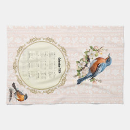 Paño De Cocina 2026 Calendar Towel Robin Bird Peach Damask