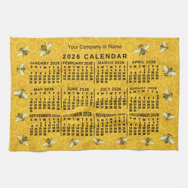 Paño De Cocina 2026 Year Calendar Bee Honeycomb Apiary Custom (Horizontal)