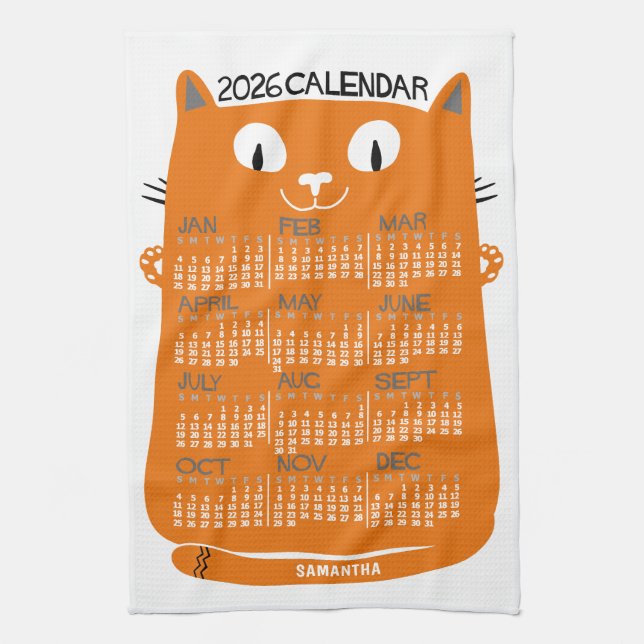 Paño De Cocina 2026 Year Monthly Calendar Mid-Century Orange Cat (Vertical)