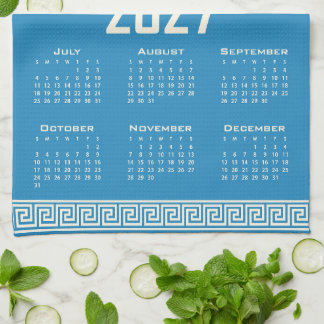 Paño De Cocina 2027 Calendar, Greek Fret, Cosmic Latte on Blue