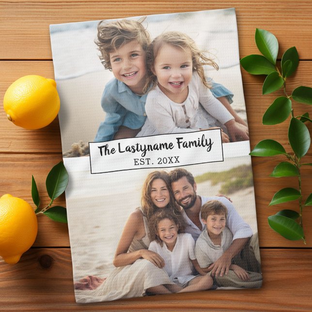 Paño De Cocina 2 Nombre de familia de Collage de fotos - Imágenes (Custom Kitchen Towel with Photo Collage)