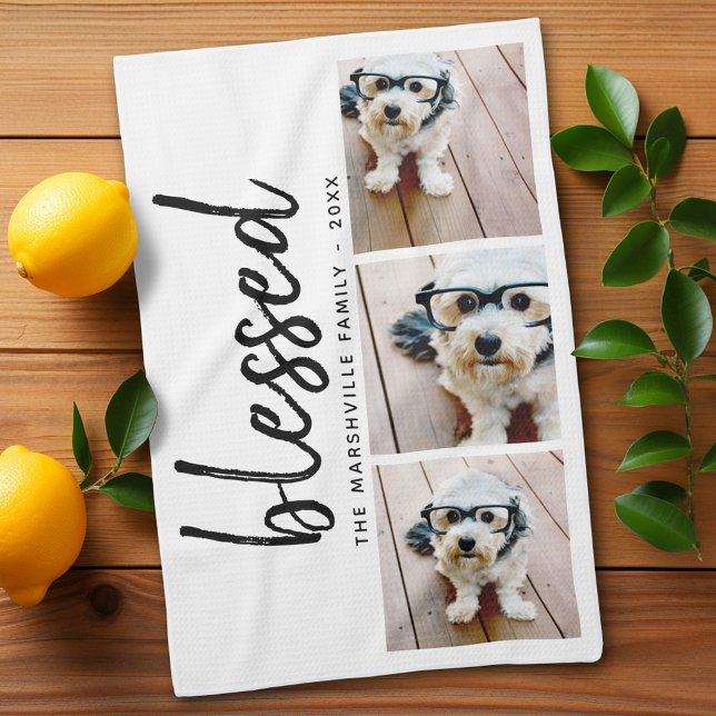 Paño De Cocina 3 Foto con caligrafía moderna - bendecida (Personalized Kitchen Towel with photos and text - Makes a great gift)