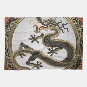 Paño De Cocina [400] Dragón oriental sagrado de oro y negro