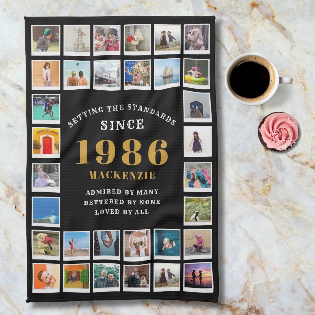 Paño De Cocina 40th Birthday 1986 Family Memories Photo Collage  (1986 Kitchen towel. Marble background. )