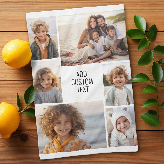 Paño De Cocina 6 collage de fotos - fondo blanco - texto negro (Custom Kitchen Towel with a Photo Collage)