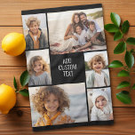 Paño De Cocina 6 collage de fotos - fondo negro - texto blanco<br><div class="desc">6 fotos en un patrón desigual rodean una apertura para tres líneas de texto. Utiliza 2 fotos recortadas cuadradas y 4 verticales para hacer que esto funcione! El fondo es blanco. Si desea cambiar los colores,  haga clic en el área de diseño avanzado y vea más opciones.</div>