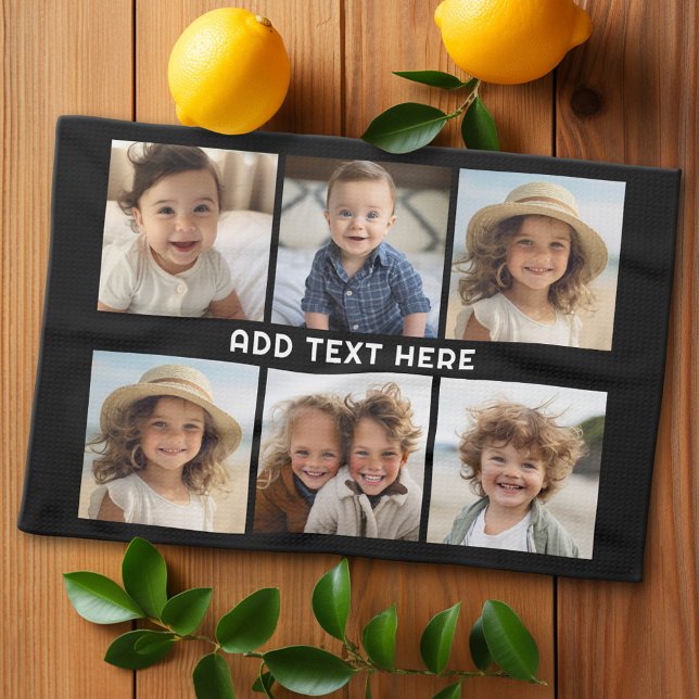 Paño De Cocina 6 fotos con texto blanco sobre negro (Custom Kitchen Towel with Photo Collage)