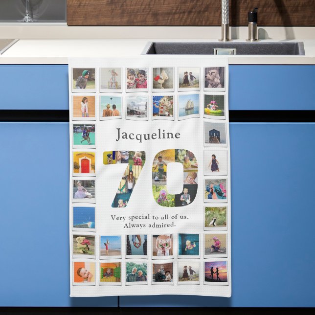 Paño De Cocina 70.ª plantilla de fotos familiares de cumpleaños (70th birthday family photo template collage kitchen towel.)
