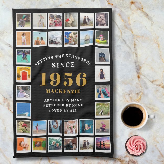 Paño De Cocina 70th Birthday 1956 Family Memories Photo Collage  (1956 Kitchen towel. Marble background.)