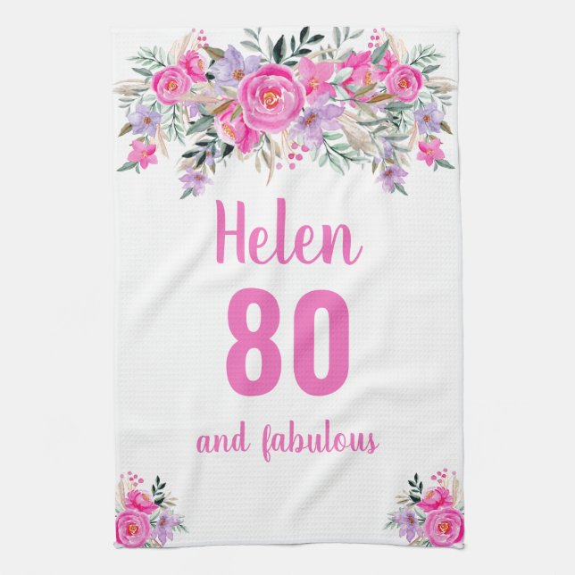 Paño De Cocina 80.º cumpleaños floral rosa único (Vertical)
