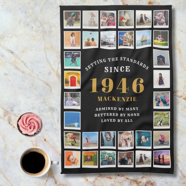Paño De Cocina 80th Birthday Family Memories Photo Collage  (1946 kitchen towel. Marble background.)