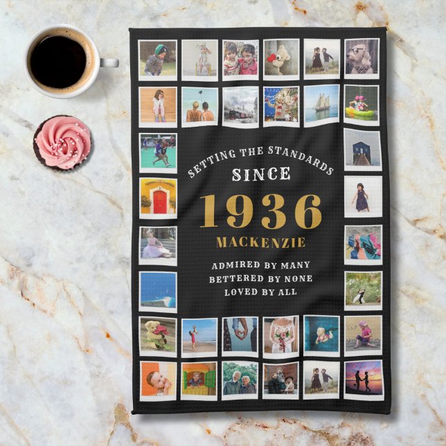 Paño De Cocina 90th Birthday Family Memories Photo Collage  (1936 tea towel. Background marble worktop.)