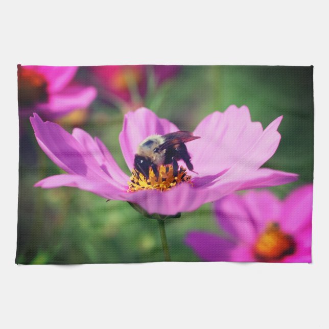 Paño De Cocina Abeja De Bumble En Flor Cosmos Rosa (Horizontal)