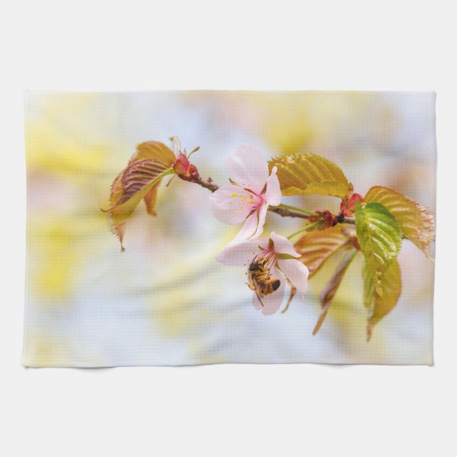 Paño De Cocina Abeja En Una Flor De Cerezo (Horizontal)