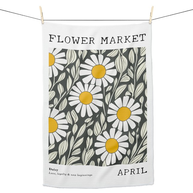 Paño De Cocina Abril Mercado de flores de nacimiento Impresión fl (Personalized April Birth Flower Market Kitchen Towel, Custom Floral Print Kitchen Towel, Daisy Print)