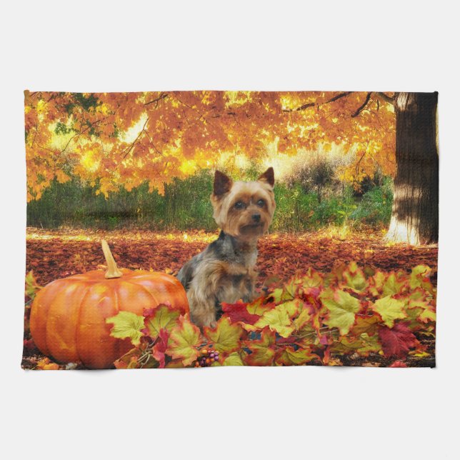 Paño De Cocina Acción de gracias de la caída - Tucker - Yorkie (Horizontal)