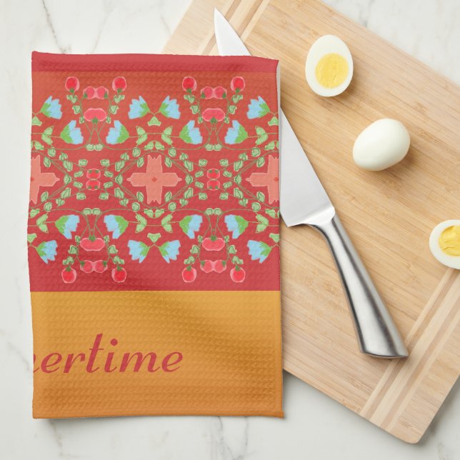 Paño De Cocina Acentuado Con Floral Azul Y Rojo (Doblado Cuarto)