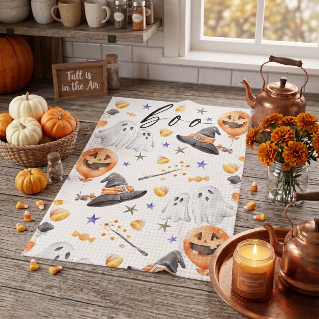 Paño De Cocina Acuarela Boo Halloween (Spook up your space with this Boo cute watercolor Halloween ghost pumpkin pattern design.)