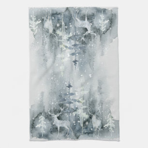 Paño De Cocina Acuarela, bosque, ciervo, nieve, cocina de árboles