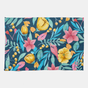 Paño De Cocina acuarela botánica: flores, hojas adornadas.