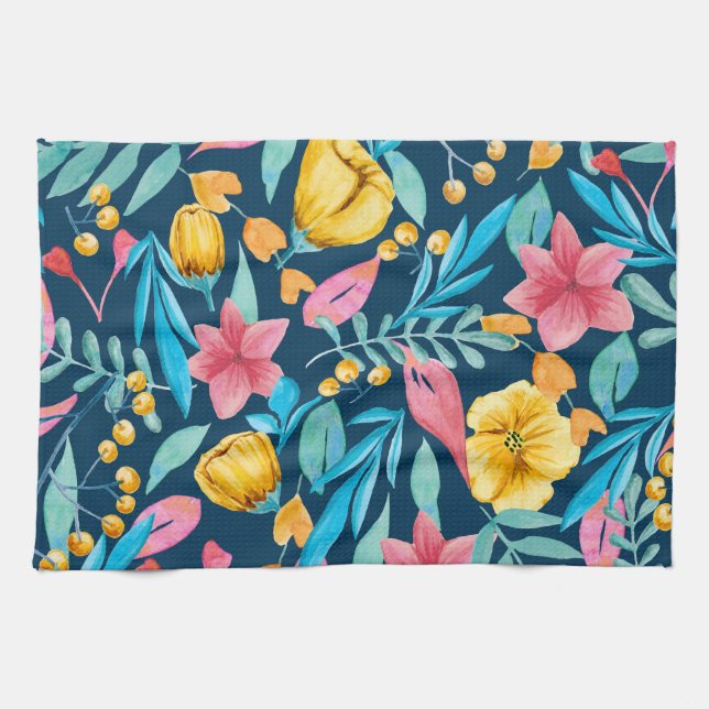 Paño De Cocina acuarela botánica: flores, hojas adornadas. (Horizontal)