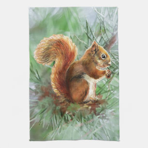Paño De Cocina Acuarela Cute la ardilla roja de la naturaleza ani