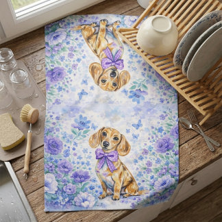 Paño De Cocina Acuarela Dachshund Floral Púrpura