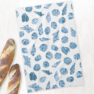 Paño De Cocina Acuarela de conchas marinas náuticas costeras azul