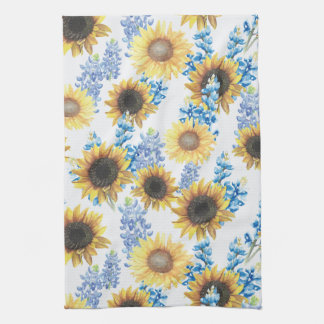 Paño De Cocina Acuarela de Lupino de Texas y Girasoles