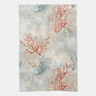 Paño De Cocina Acuarela elegante costera coral y olas del océano