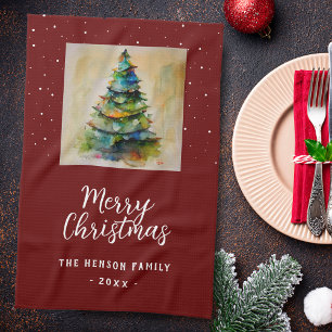 Paño De Cocina Acuarela festiva Merry Árbol navideño artístico