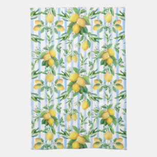 Paño De Cocina Acuarela Floral de Limón Raya Azul Blanco Cottage