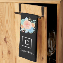 Paño De Cocina Acuarela Floral Rosa Monograma Negro