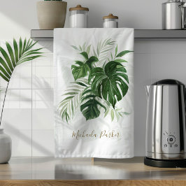 Paño De Cocina Acuarela Hojas Tropicales Verde Personalizado