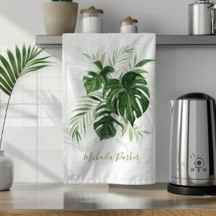 Paño De Cocina Acuarela Hojas Tropicales Verde Personalizado