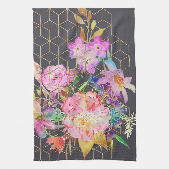 Paño De Cocina Acuarela moderna con cubos florales y geométricos  (Vertical)