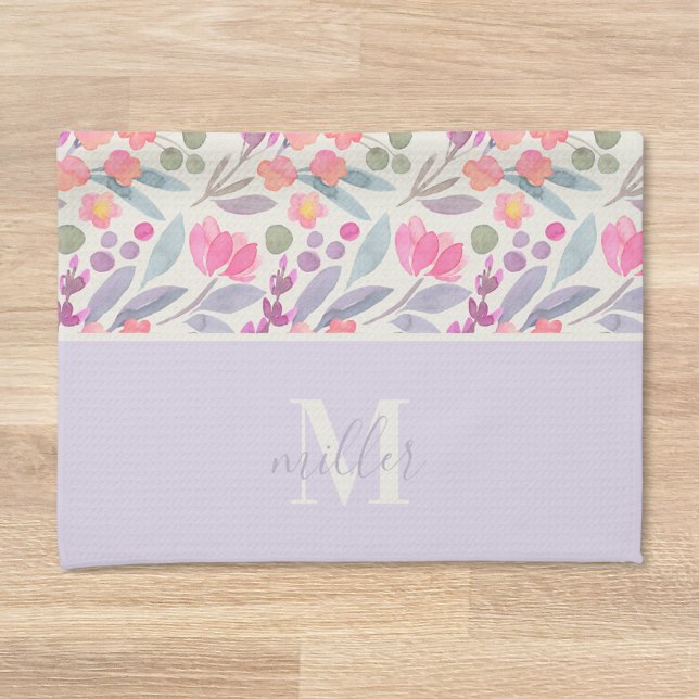 Paño De Cocina Acuarela Morado Floral Nombre de familia Monograma (Subido por el creador)