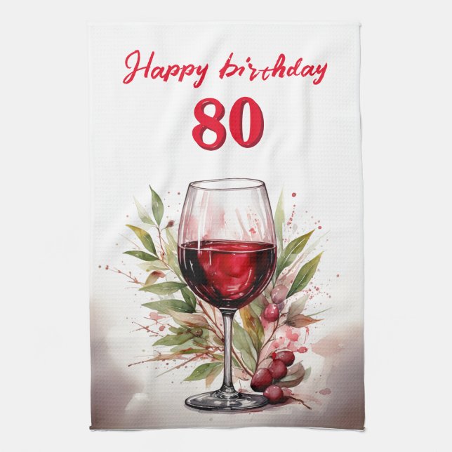 Paño De Cocina Acuarela Rustica Vino Rojo Vidrio 80 cumpleaños (Vertical)